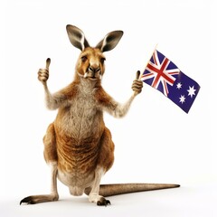 A cheerful kangaroo holding a small Australian flag, giving a thumbs up on a white background