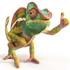 A vibrant chameleon with a cheeky grin, changing its hand to a bright color as it gives a thumbs up on a white background