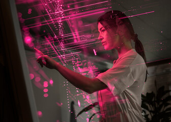 Young scientist examining and using screen of AI technology