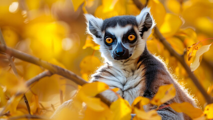 Obraz premium Close-Up of a Lemur with Bright Eyes in Autumn Foliage