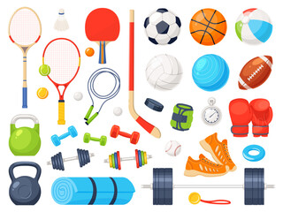 Cartoon sport equipment. Fitness, athlete gym accessories, games balls, football basketball or volleyball. Dumbbells, kettlebells, tennis rackets, running shoes and boxing gloves vector set