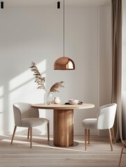 simple dining room, with few some copper tones, cinematic, 8k