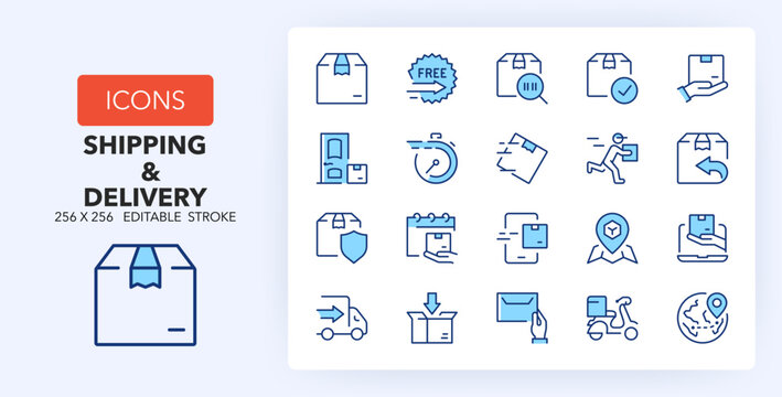 Line icons about shipping and delivery. Contains such icons as box, express service, tracking and more. 256x256 Pixel Perfect editable in two colors