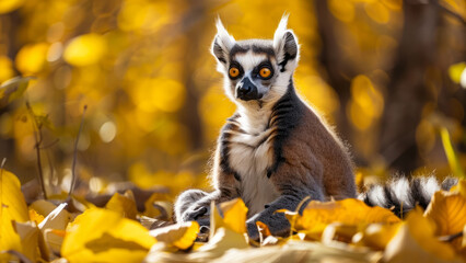 Close-Up of a Lemur with Bright Eyes in Autumn Foliage

