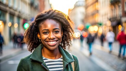 Fototapeta premium Smiling Young Woman With Curly Hair Standing In The City Street With Blurred Background.