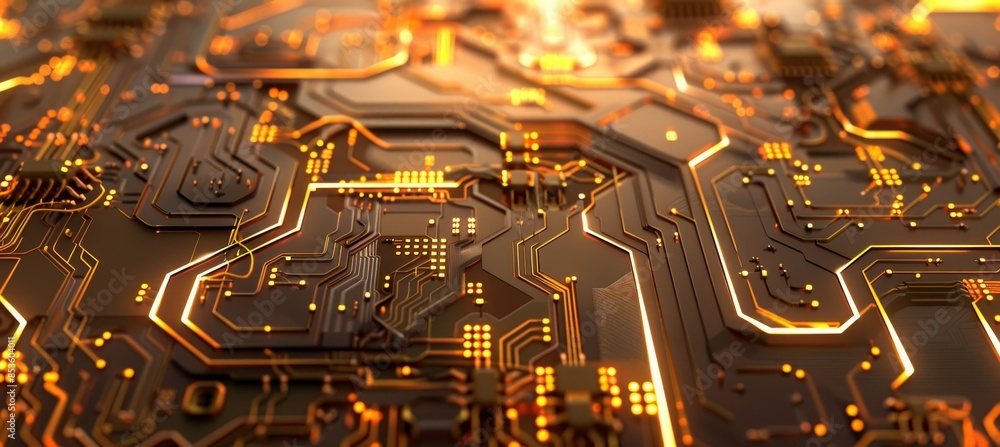 Poster highly detailed hyper realistic close up of a computer chip with glowing circuitry