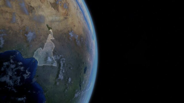Fly Zoom into Cameroon, Yaound&eacute;, Douala, through space to see the country map region from above from space. Detailed map Showing area, HD and 4K. Animation.