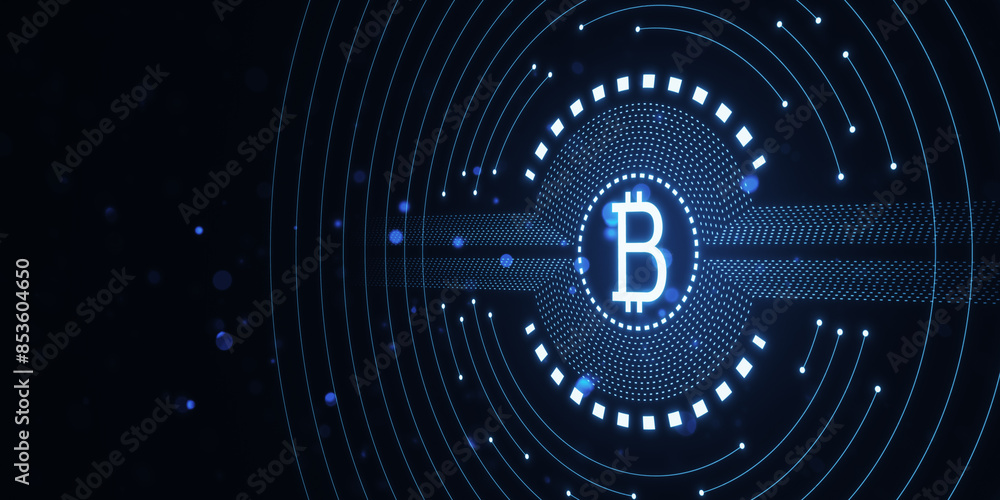 Poster Creative glowing round bitcoin hologram on blue background with mock up place. Crypto and finance concept. 3D Rendering.
