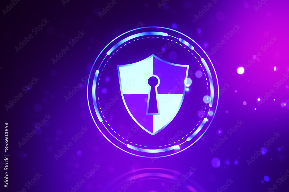 Poster creative digital security hologram on purple background. web protection concept. 3d rendering.
