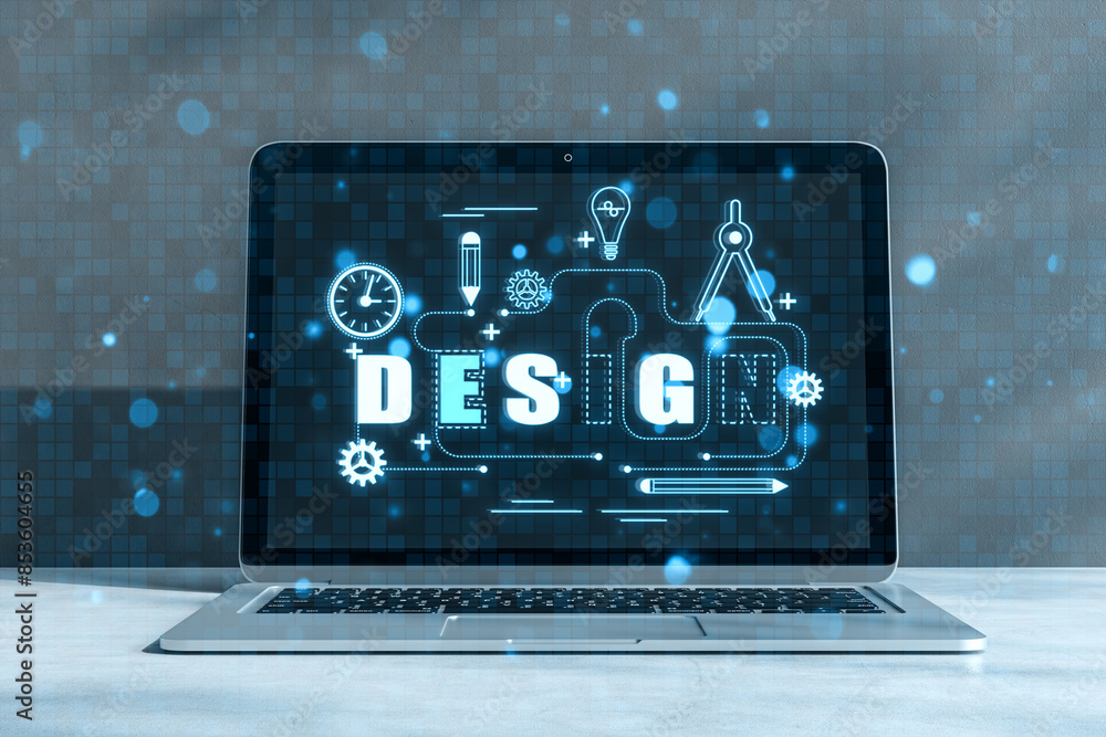 Poster graphic design concept outline. close up of laptop with hologram on concrete wall background. digita