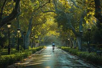A cyclist riding through a lush park, promoting cycling as an eco-friendly mode of transport. 