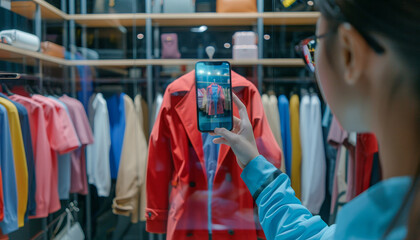A woman is taking a picture of a red jacket in a store by AI generated image