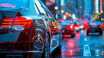 Transportation vehicle and traffic concept. Blurred traffic jam and brake light on evening, back view.