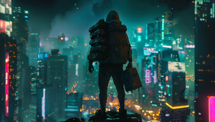 Fototapeta premium A man stands on a rooftop in a cityscape with neon lights and a futuristic vibe by AI generated image