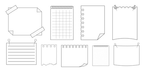 Memo sticky note reminder sheet paper. Doodle paper frame, check list with pin, tape, paperclip elements. Set cute notes, office or school messages.