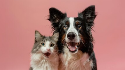 Fototapeta premium Happy Cat and Dog Duo on Pink Background, Generative AI