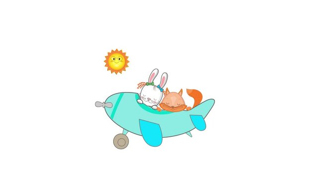 A cute little rabbit and a fox are flying on a plane. Pattern