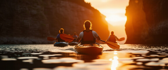 group of friends kayaking through a canyon, sunset moment