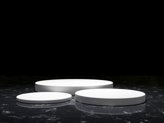 3d display product black minimal scene with geometric podium platform. cylinder background 3d rendering with podium on marble floor. stand for cosmetic products. Stage showcase on pedestal 3d studio