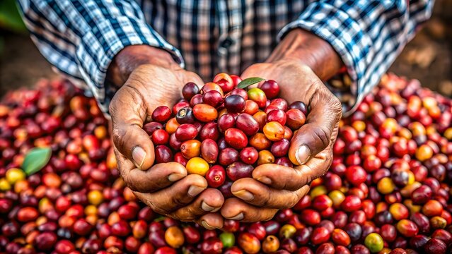Coffee Beans In The Hands Of A Farmer.