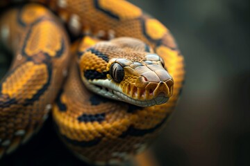 Obraz premium Yellow snake on an dark background. Reptile animal. Portrait of a snake. Wildlife, wild animal