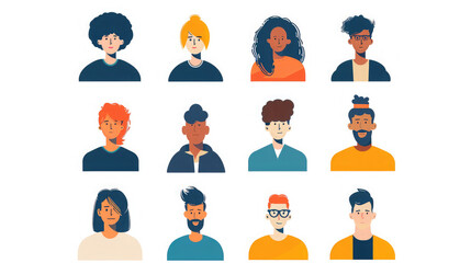 cartoon avatars with different hairstyles and facial expressions on a white background. Flat design character illustrations for profile pictures and social media