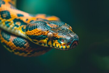 Obraz premium Yellow, green snake on an dark background. Reptile animal. Portrait of a snake. Wildlife, wild animal