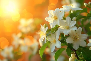 Fototapeta premium Springtime Blossom Concept: Beautiful White Jasmine Flowers in Warm Sunlight for Nature-Themed Designs