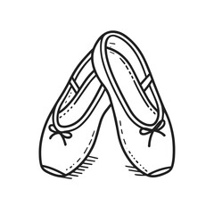 Two ballet slippers are drawn in black and white. The slippers are positioned in a way that they are facing each other, with their toes touching. Concept of elegance and grace © alex
