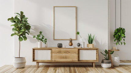 A white wall features a clean and simple frame mockup poster hanging above a wooden cabinet. The 3D rendering gives it a realistic look.