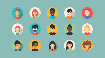 circular avatar icons with different hairstyles and accessories on a turquoise background. Flat design illustrations for profile pictures and digital use.