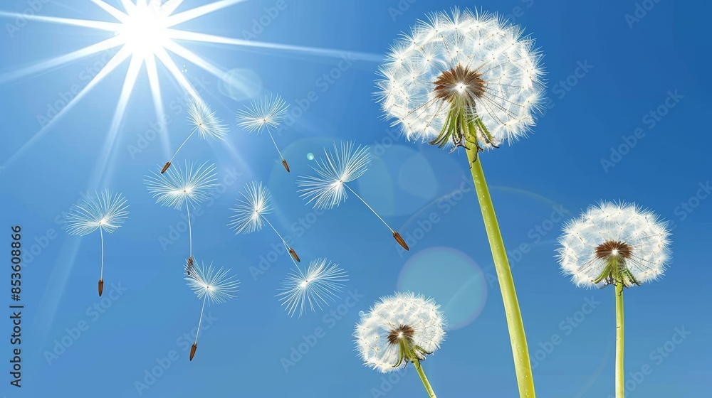 Poster dandelion seeds floating in air on soft blue background with beautiful bokeh effects