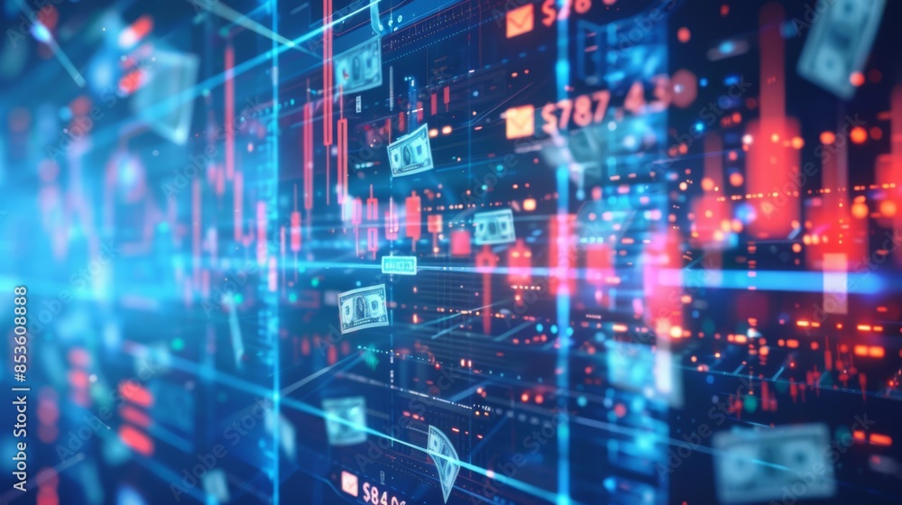 Poster abstract digital financial technology and ai stock market data visualization with floating dollar bi
