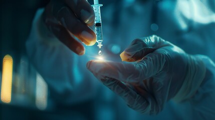 Close-up of a doctor's hand and syringe, a serum droplet just falling.