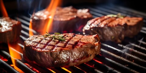 Grilling Beef Steaks with Flames in the Background. Concept Outdoor Grilling, Beef Steaks, Flames, Cooking , BBQ