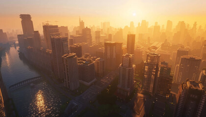 Fototapeta premium A cityscape with a sunset in the background by AI generated image