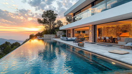 Fototapeta premium Villa in Mediterranean modern style with infinity pool. Minimalist architecture in Mediterranean setting with sea views