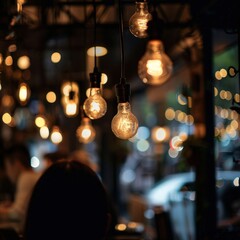 A group of light bulbs hanging from the ceiling in a bar