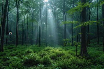 Obraz premium A dense forest with a misty atmosphere, showcasing the natural beauty and tranquility of woodland areas. 