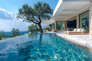 Villa in Mediterranean modern style with infinity pool. Minimalist architecture in Mediterranean setting