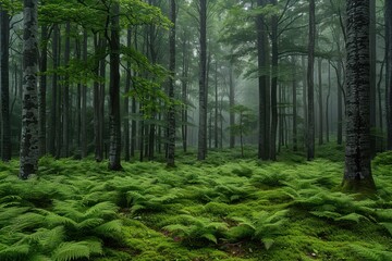 Fototapeta premium A dense forest with a misty atmosphere, showcasing the natural beauty and tranquility of woodland areas. 