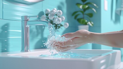 Fototapeta premium A realistic 3D illustration of a person washing hands to prevent the spread of viruses, focusing on the importance of hand hygiene.