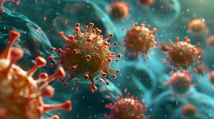 A detailed 3D model of a virus interacting with host cells, illustrating the mechanisms of virulence and infection.