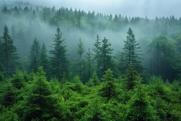 Obraz premium A dense forest with a misty atmosphere, showcasing the natural beauty and tranquility of woodland areas. 