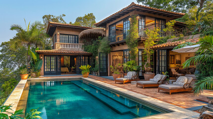 Tropical modern style villa with swimming pool. Minimalist architecture in tropical setting