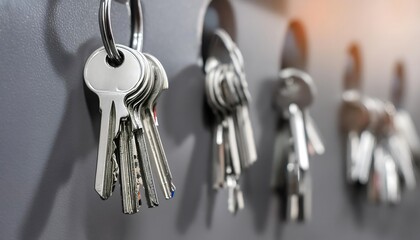 keys hanging on a gray wall in locksmith shop