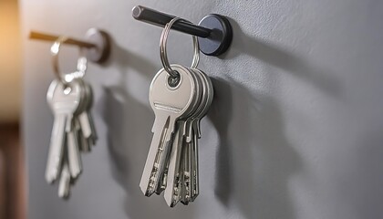 keys hanging on a gray wall in locksmith shop