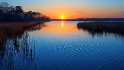 Beautiful sunrise over calm lake with reflections