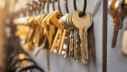 keys hanging on a gray wall in locksmith shop