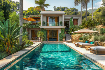 Fototapeta premium Tropical modern style villa with swimming pool. Minimalist architecture in tropical setting